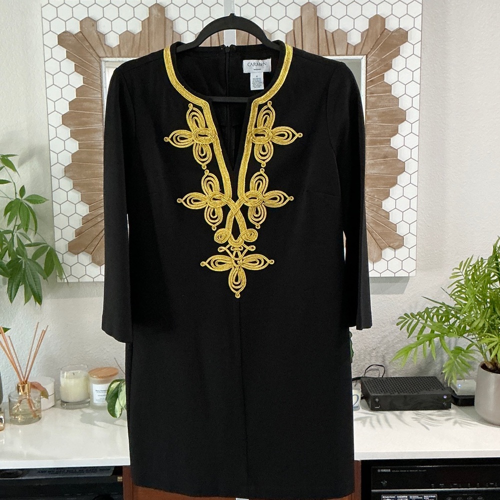 Carmen Marc Valvo Black Dress with Ornate Gold Embroidery